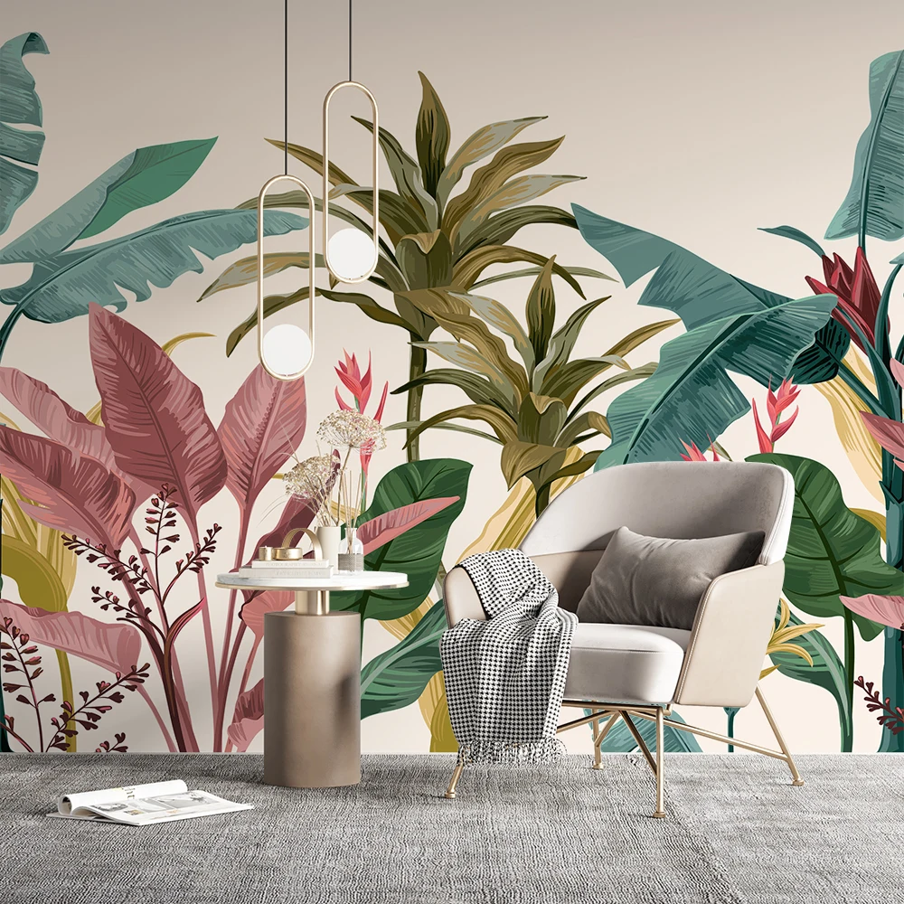 Modern Safari Removable 3d mural wallpaper Non woven wall paper Tropical Jungle Simplicity pink leaf 5D flower murals bedroom