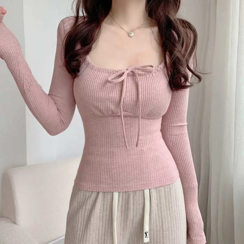 Long Sleeve T-shirts Women Spring Autumn Square Collar Solid Slim Pit Stripe Lace-up Knitting Tops Simple All-match Fashion New