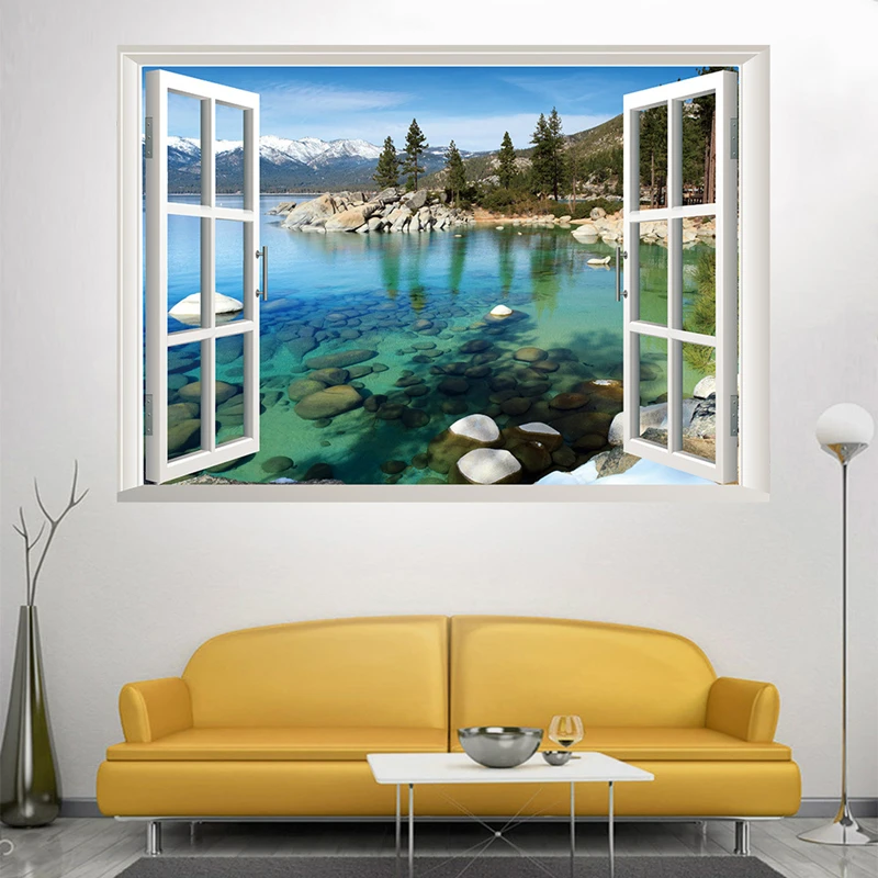 Lake View Mural Sticker for Home Decoration Living Room 3D Window Scenery Snow Mountain Clear Water Poster Wallpaper on the Wall