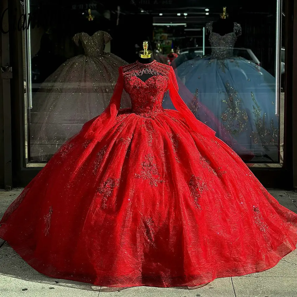 Red Beading Crystal Ball Gown Quinceanera Dresses With Jacket Appliques Lace Sweet 15 Birthday