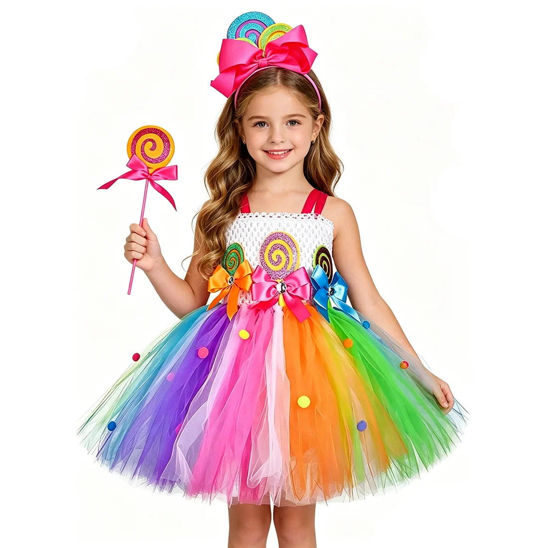 Conjunto de Vestido Tutú con Diseño de Piruletas Arcoíris para Niñas, Disfraces de Tierra Dulce, Tutús de Ballet Coloridos para Halloween y Cumpleaños