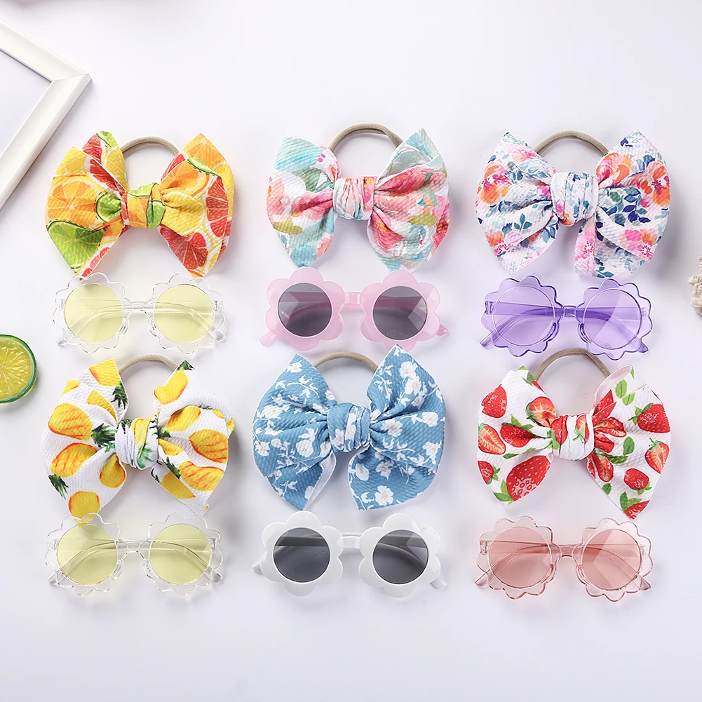 2Pcs/Set Flower Baby Sunglasses Fruit Print Bullet Nylon Hair Bands Headbands Boys Girls Seaside Mental Eyeglasses Kids Headwear