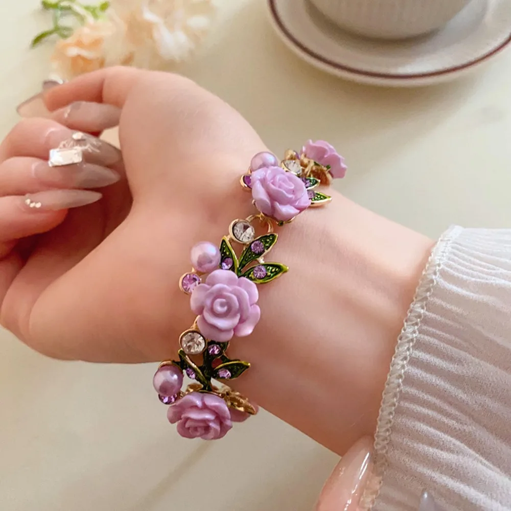 Temperament Strass Rose Blume Halskette Süße Halsband Blume Armband Perle Schlüsselbein Kette Ohrstecker Urlaub