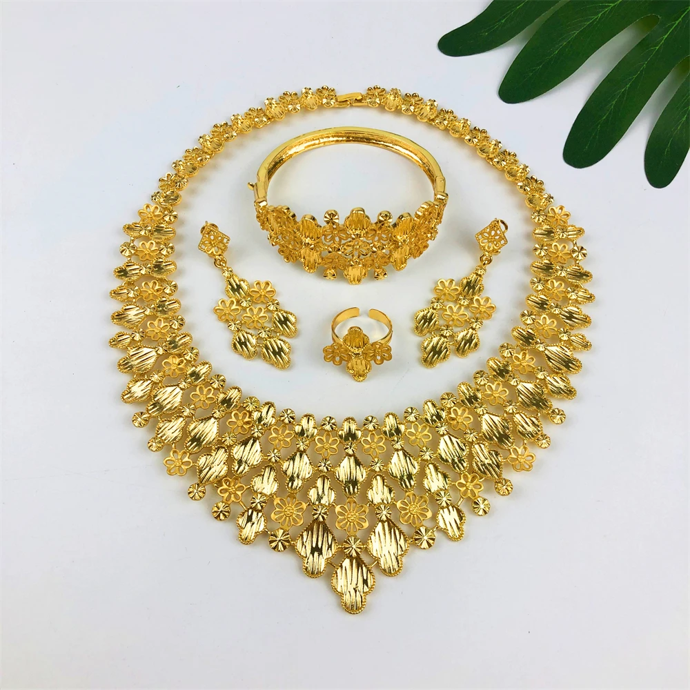 مجموعة مجوهرات فاخرة أصلية مطلية بالذهب عيار 18 قيراط للنساء، قلادة ذهبية عصرية، حلق، سوار، خاتم، هدايا زفاف في دبي
