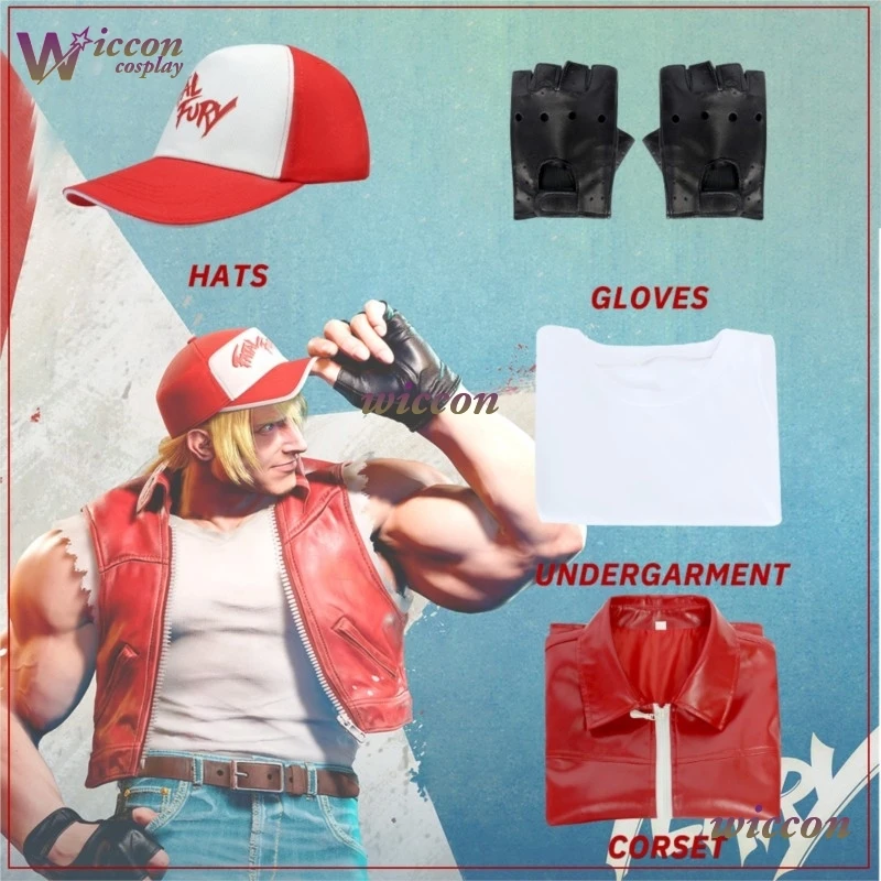 

King Roleplay Fighter Vast Waistcoat Game FATAL FURY Terry Bogard KOF Cosplay Costume Halloween Event Mens Clothes