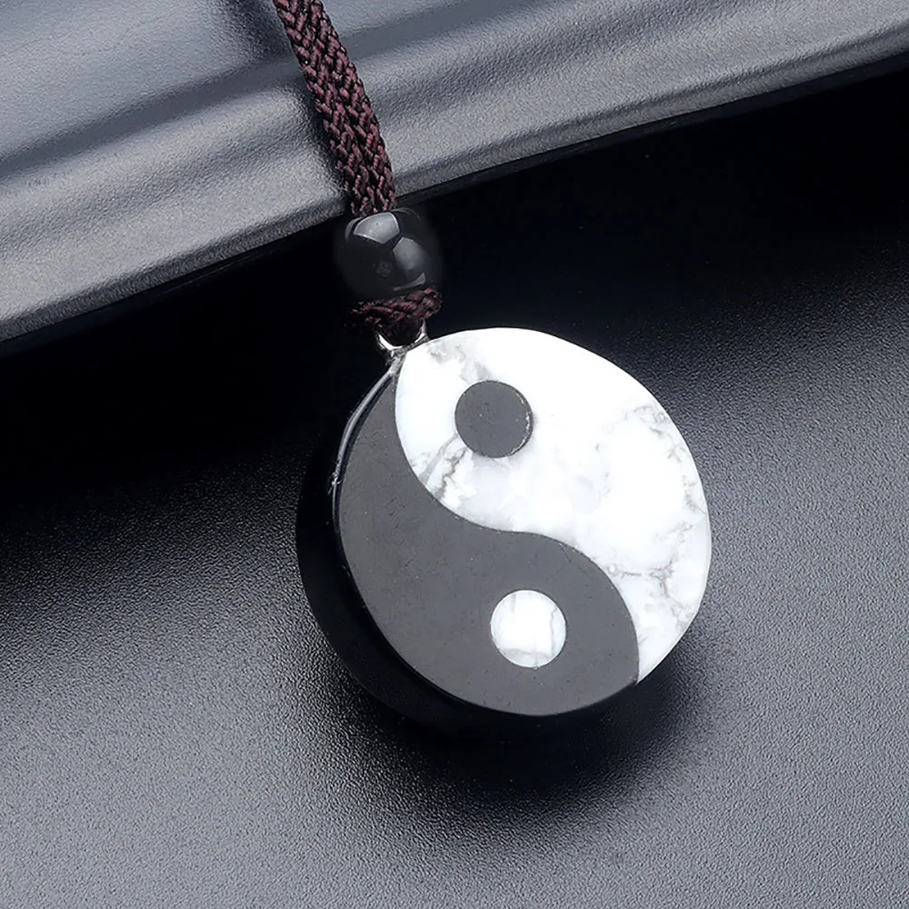 Natural Black Obsidian White Howlite Yinyang Taichi Gemstone Eight Diagrams Ornament Healing Crystals Pendant Home Decoration