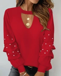 Women's Blouses Trend 2024 Keyhole Neck Long Sleeve Woman Clothing Beaded Red Tops for Christmas