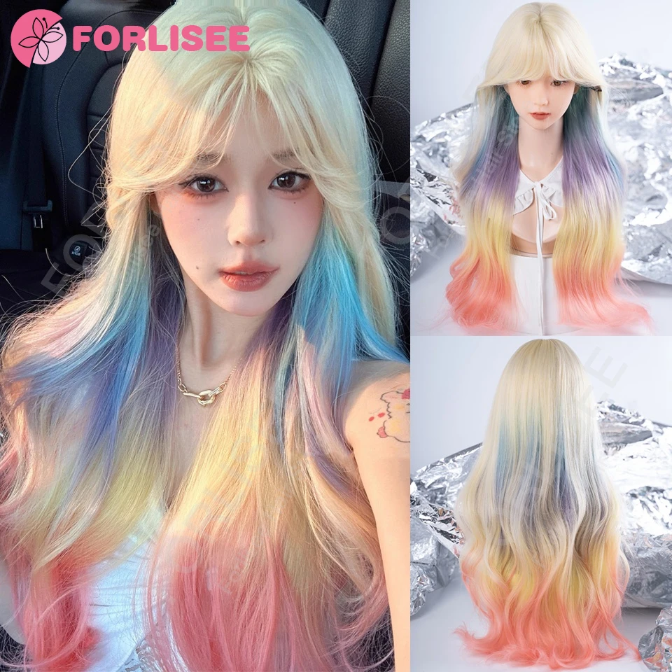 

Красочный длинный волнистый парик с челкой из синтетического термостойкого волокна, подходит для женщин, повседневная вечеринка, парик для ролевых игр, Хэллоуина, LM