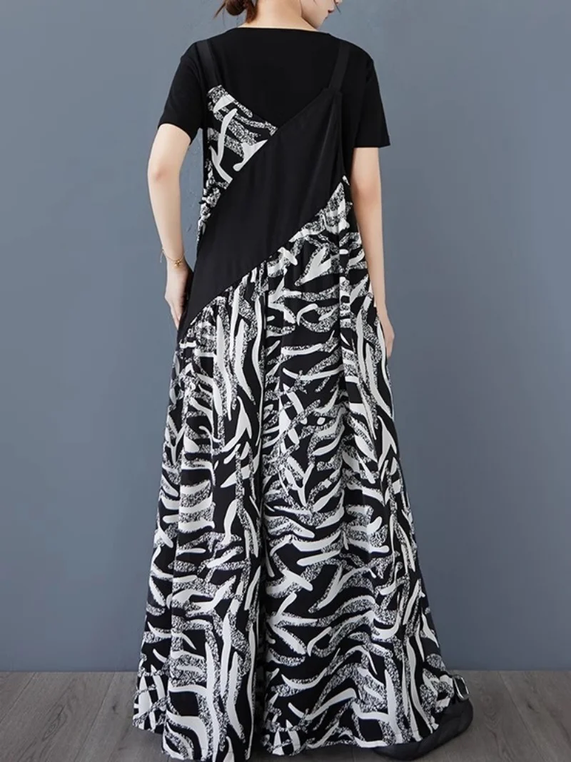 Summer Print Jumpsuit Contrasting Color Irregular Splicing Adjustable Overalls Fashionable Casual Versatile Wide Leg Pants W056