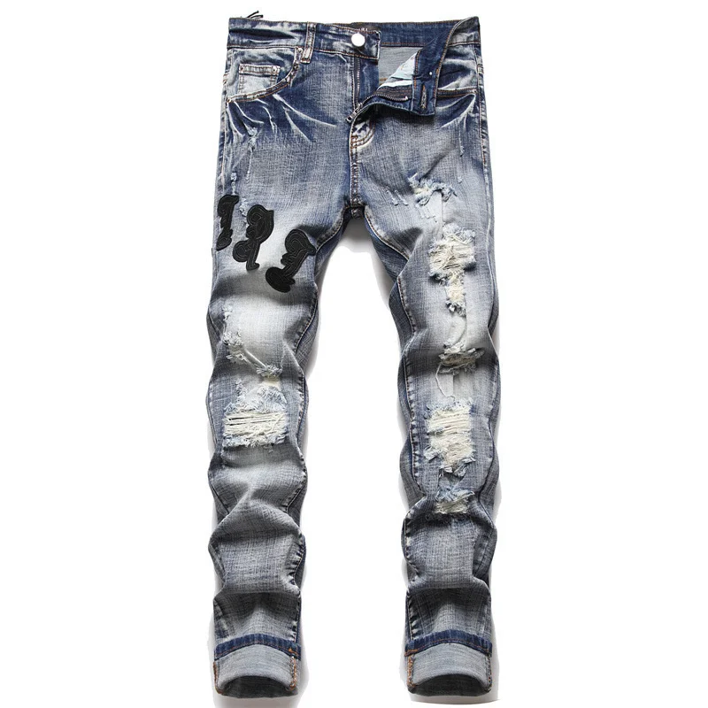 Men's jeans with ripped patches, trendy stretch, slim fit, and versatile men's pants