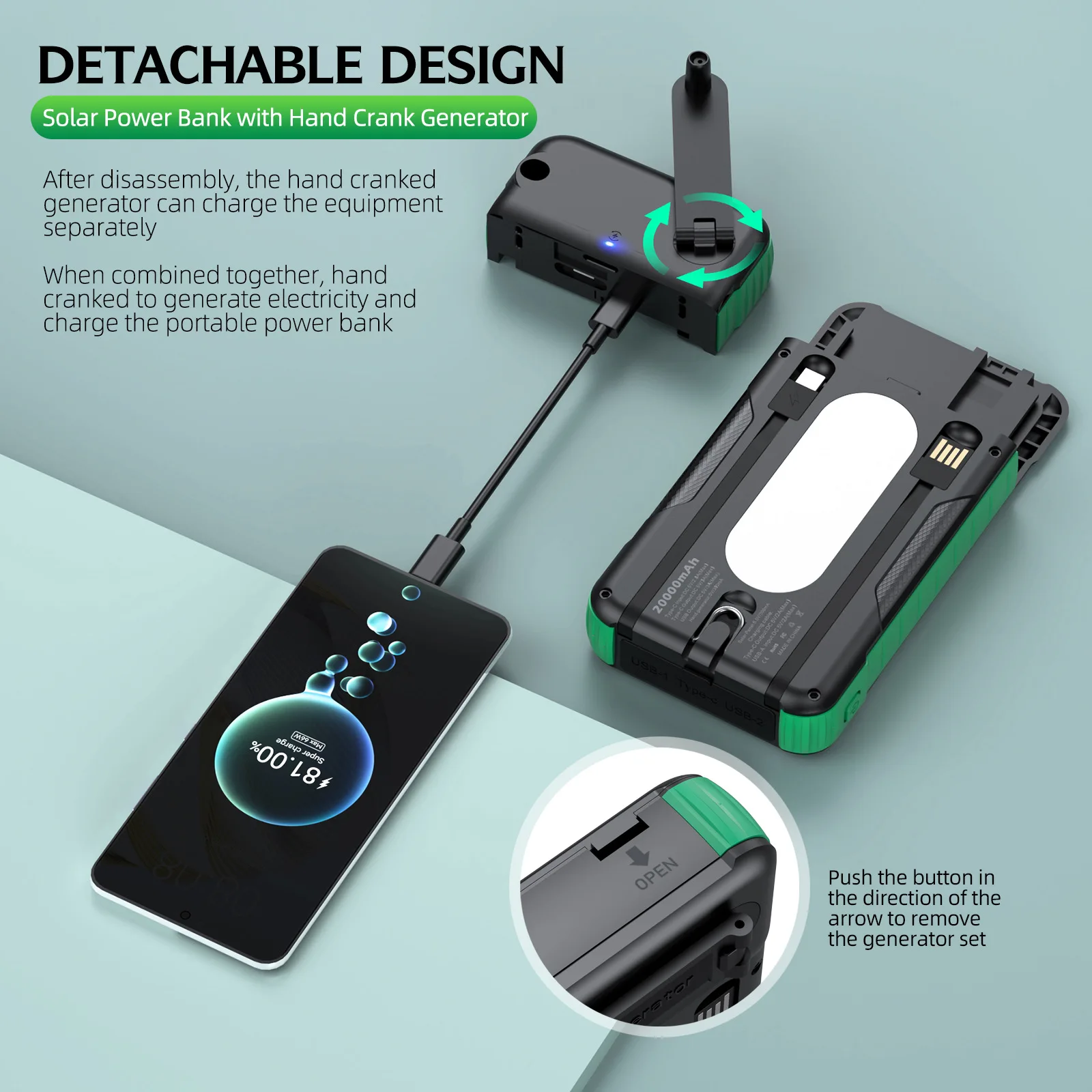 Hand Crank Solar Power Bank Outdoor Portable Charger 20000mAh Powerbank for iPhone Xiaomi Samsung Huawei External Spare Battery view 6
