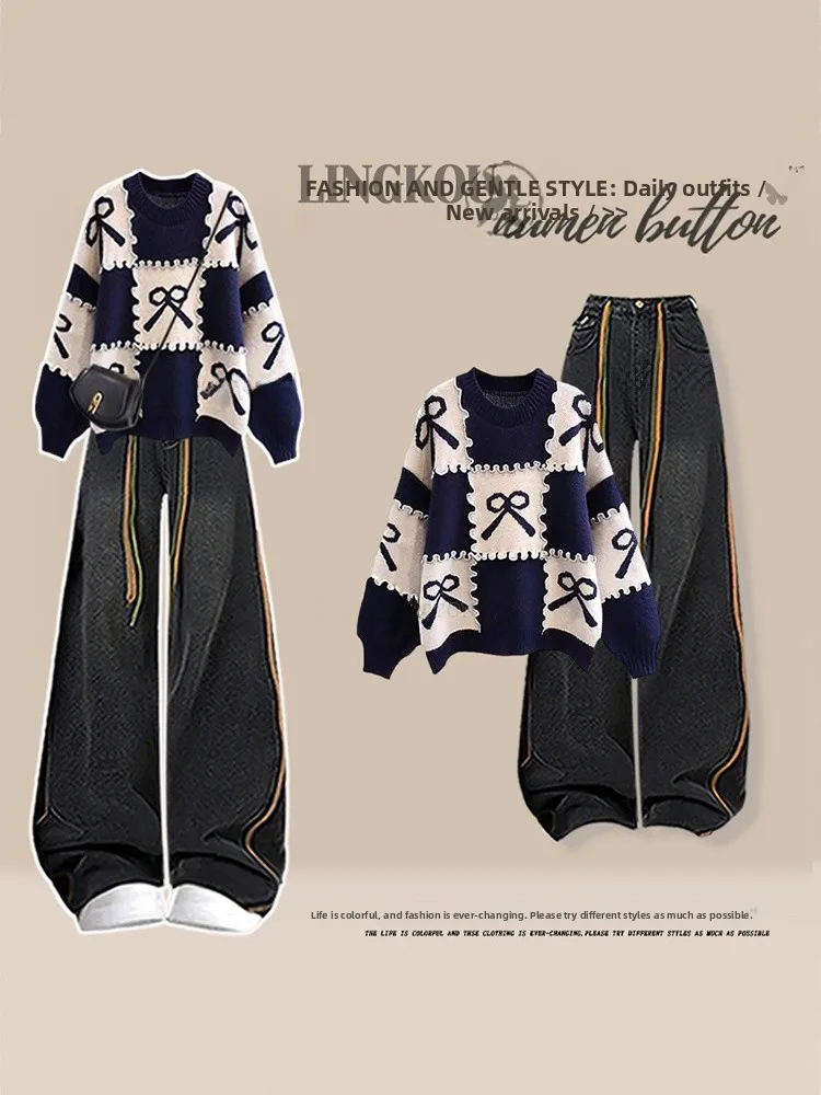 plus Size Autumn Winter Casual Knitted Sweater Set with  Knot Design And Slimming Effect Vintage Jeans Two Piece Set...