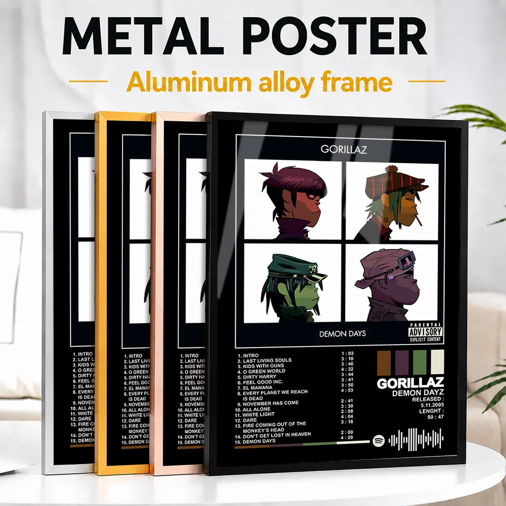 Gorillaz - Demon Days Album Framed Aluminum Metal Poster Customized Photo Vibrant Concert Style Wall Art For Recording Studio
