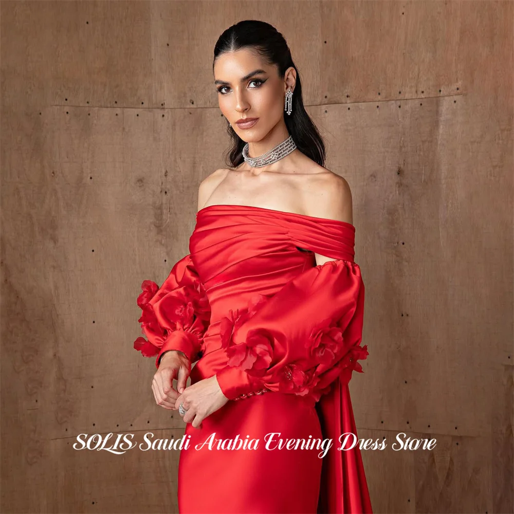 

SOLIS Red Prom Dress Off Shoulder Celebrity Dresses Detachable Sleeves Women's Evening Dresses Flowers Formal Gown Customized