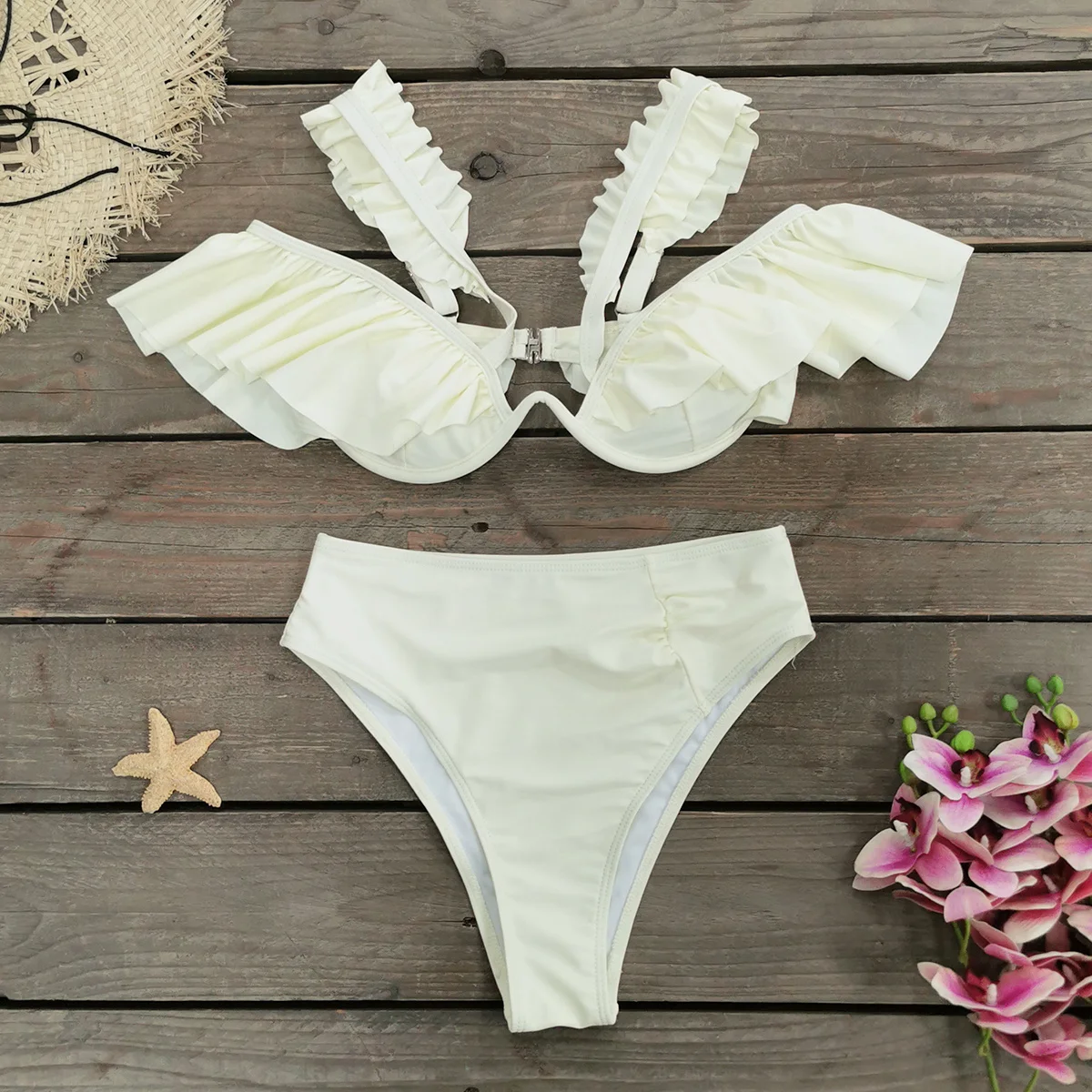 Set Bikini Ruffle bahu terbuka seksi wanita, baju renang selip, pakaian pantai Brasil, pakaian renang mode baru, Set Bikini 2 potong, 2024