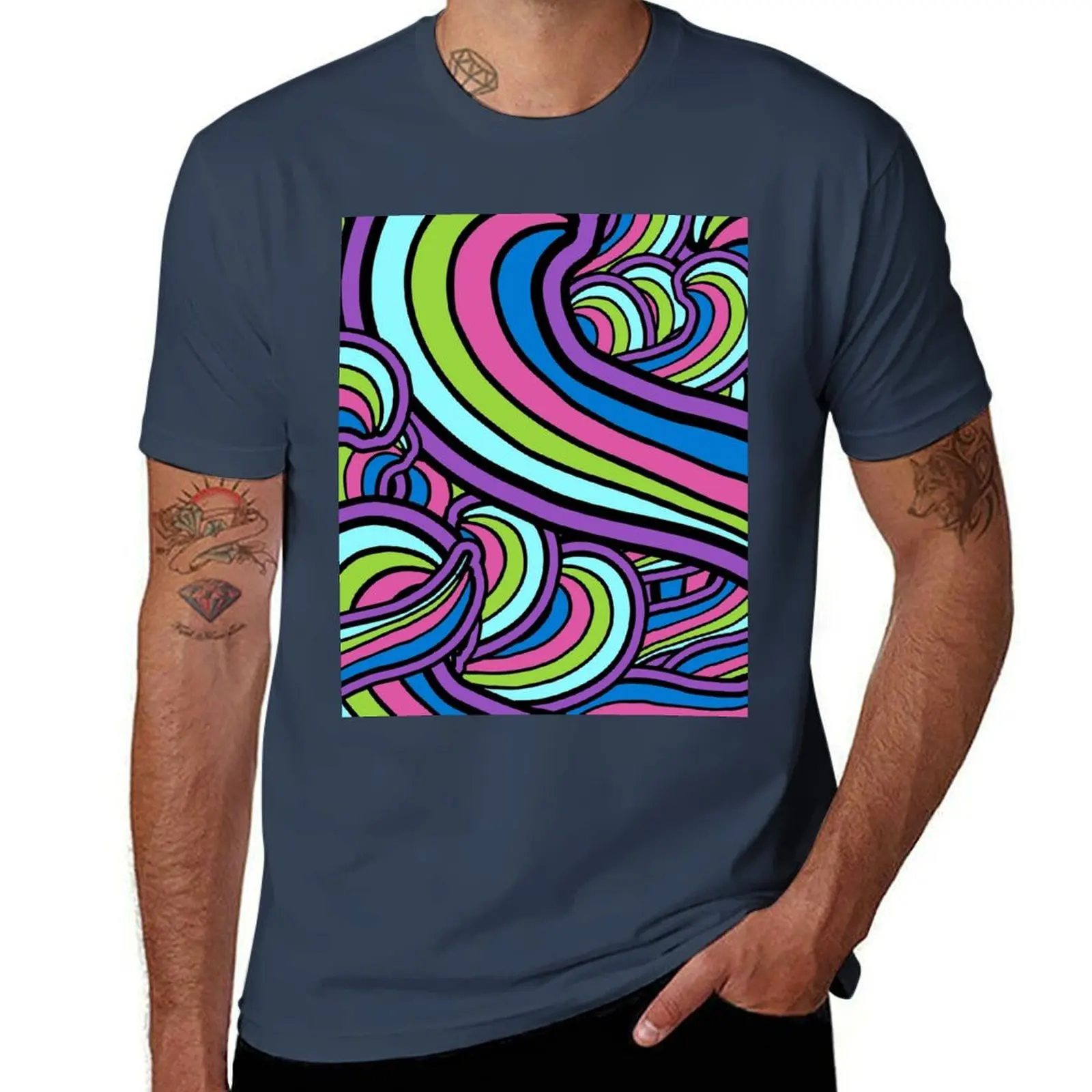 

Geometric Groovy Psychedelic Art Hippie Retro 60's 70's Purple Green Blue T-Shirt Anti-Fade Casual Tee Shirt
