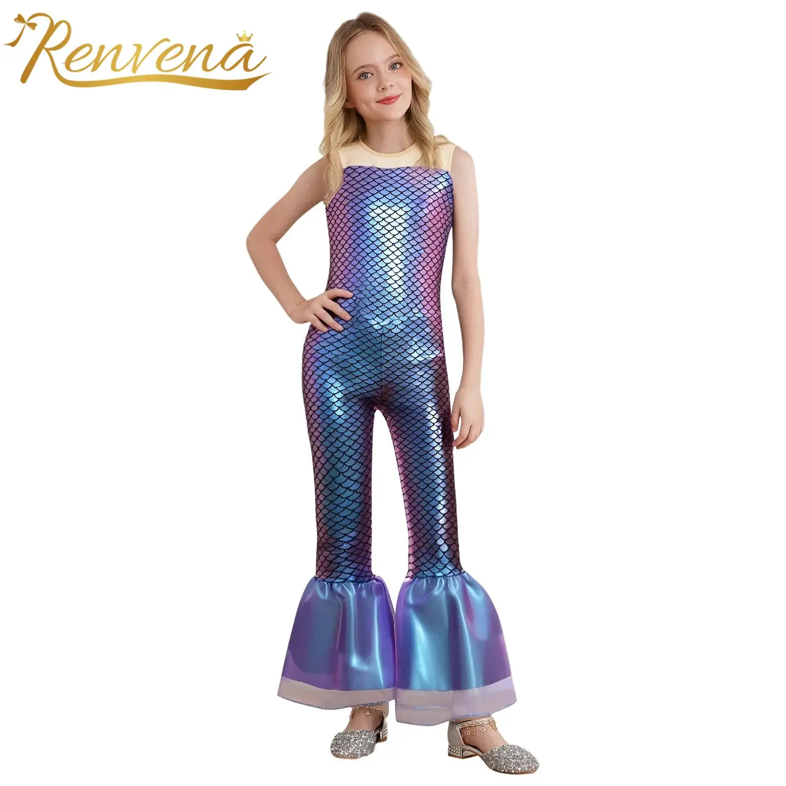 Kids Fish Scales Print Jumpsuits Girls Flared Mermaid Jumpsuit Cosplay Costume Princess Carnival Festival Party Dress-up Costume