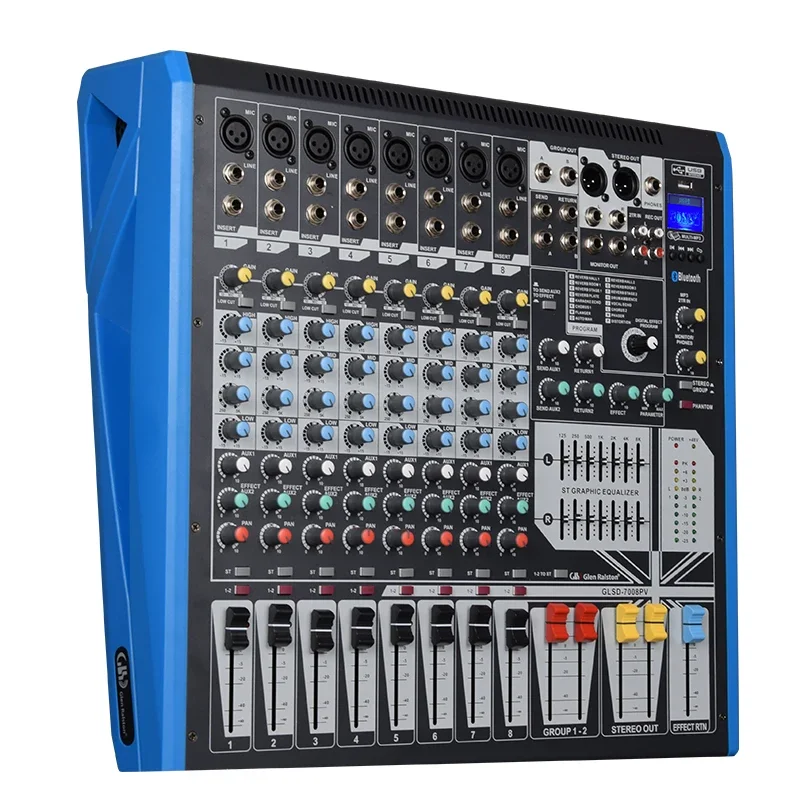 

Professional 8-way, 12-channel, and 16-channel mixers with amplifiers