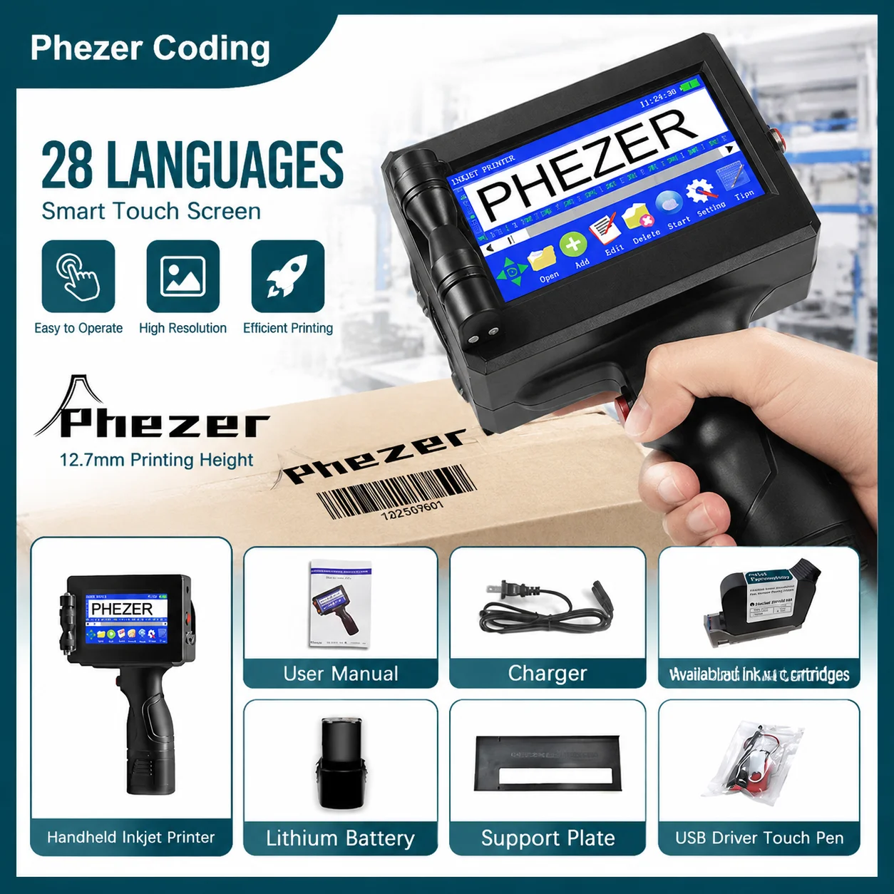 Imprimante à jet d'encre portable Phezer P15 12,7/25,4 mm, imprimante d'étiquettes portable, date d'expiration, code de lot, logo, code QR, code-barres, 28 langues