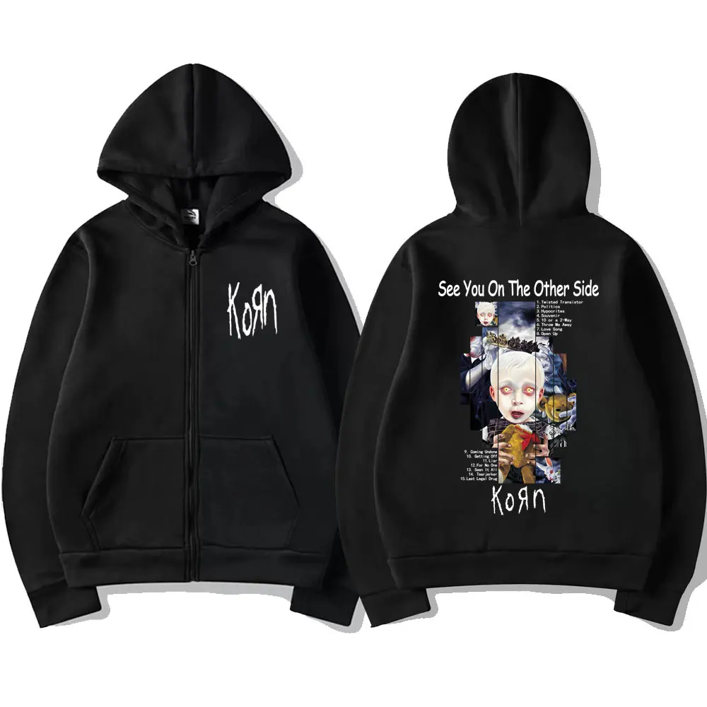 سترة روك باند كورن أراك على الجانب الآخر بغطاء للرأس بسحاب للرجال والنساء، سترة كلاسيكية كبيرة الحجم بسحاب للجنسين