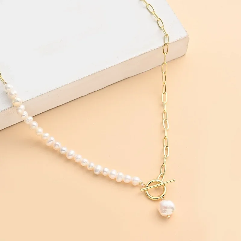 

Minar Classic Gold Plated Copper Irregular Freshwater Pearl Asymmetric Link Chain Beaded Chokers Necklaces For Women Jewelry