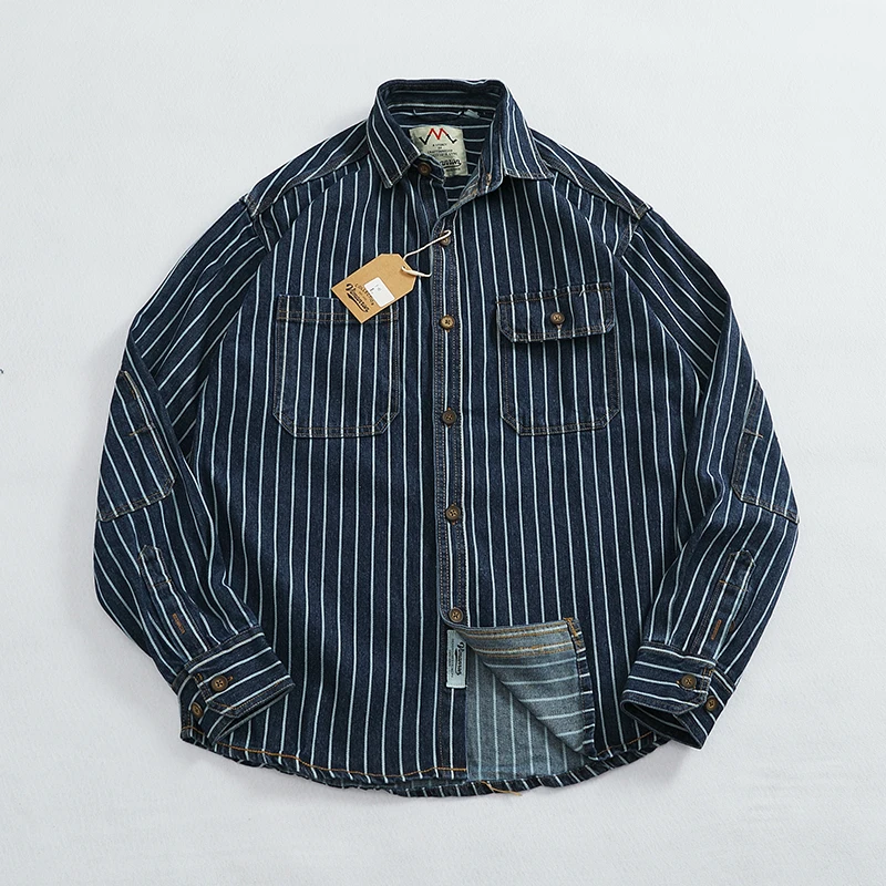 Heavy vertical stripe cargo denim shirt Men do old washed cotton elbow stick cloth lapel long sleeve shirt jacket