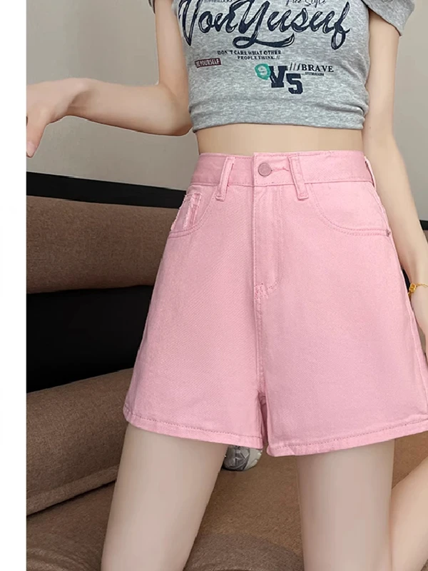 ハイウエストAラインデニムショートパンツ レディース 夏 薄手 ゆったり フェードエッジ カラーブロック ヒップアップ トレンド ホットパンツ ダーティーピンク
