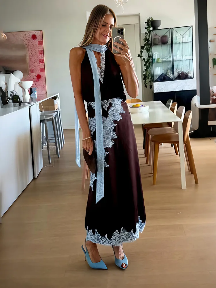 

Tossy Fashion Lace 2 Piece-Set Long Skirt Women's V-Neck Loose Sleeveless Patchwork Sexy Outfits Female Summer Maxi Skirt Sets