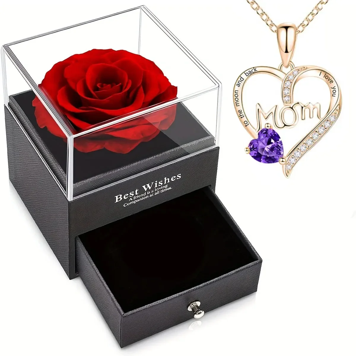 Gift for Girls Women Mother Eternal Rose Gift Box Heart Necklace Love You To The Moon and Back Jewelry Box for Wedding Christmas