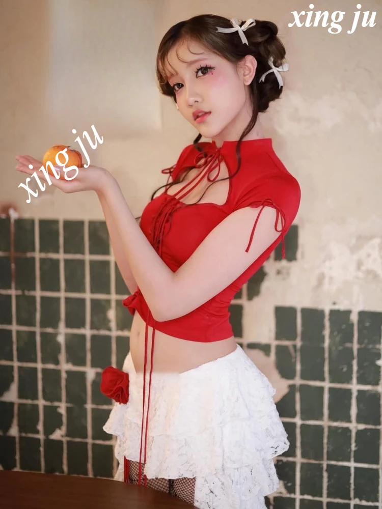Kpop Summer Korean Singer Jennie Red Hollow-Out Round Neck Vest Sexy Lace-up Short Sleeve Crop Tops Jazz Dance Stage Costumes