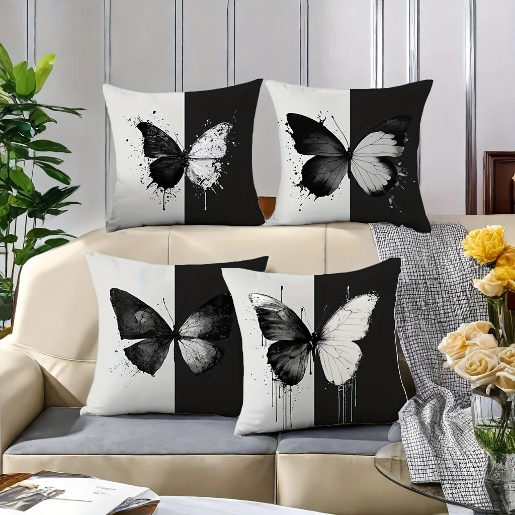 Black and White Butterfly Throw Pillow Covers, Ink Splatter Print Cushion Cases, Modern Minimalist Decor for Bedroom Living Room