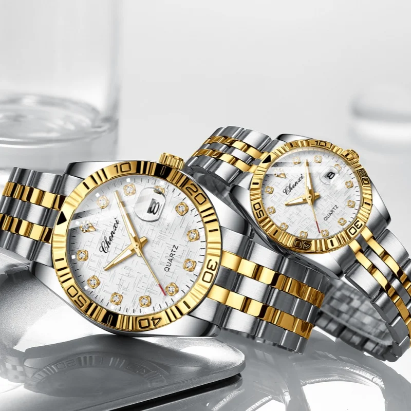 CHENXI 8201B الفاخرة زوجين ساعة كوارتز مضيئة التقويم ساعات أنيقة للرجال الفولاذ المقاوم للصدأ حزام موضة النساء ساعة اليد