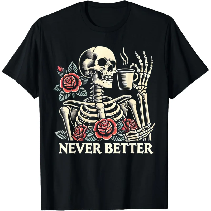 

Halloween women's new skeleton drinking coffee pattern design clothing short sleeved T-shirt