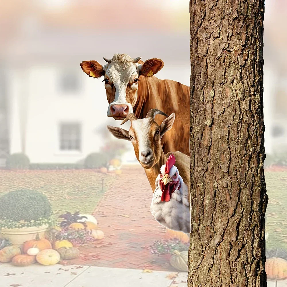 2D Flat Rustic  Animal Garden Stakes Featuring Wall Sculptures of A Cow, Sheep, and Chicken, Ideal for Outdoor Farmhouse Decor