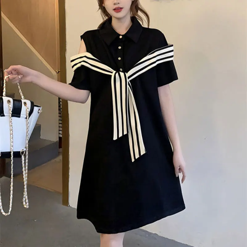 Summer Fashion Off Shoulder Dresses Female Clothing Korean Striped Patchwork Basic A-Line Commute Polo-Neck Button Midi Dress