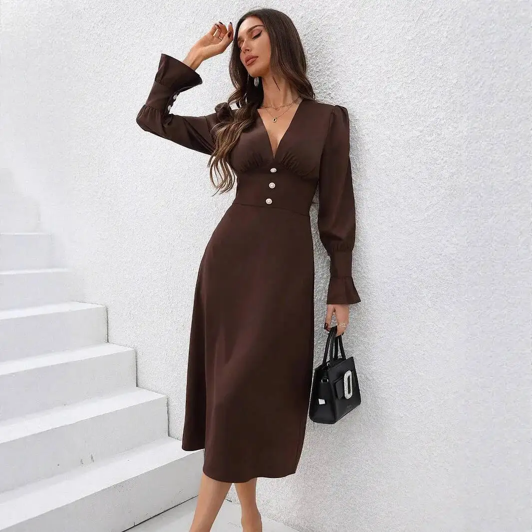 

Knitting Dress Women's V Neck Shirt Dress 2026 Spring Elegant Slim Fit Casual Long Dress With Slimming Effect