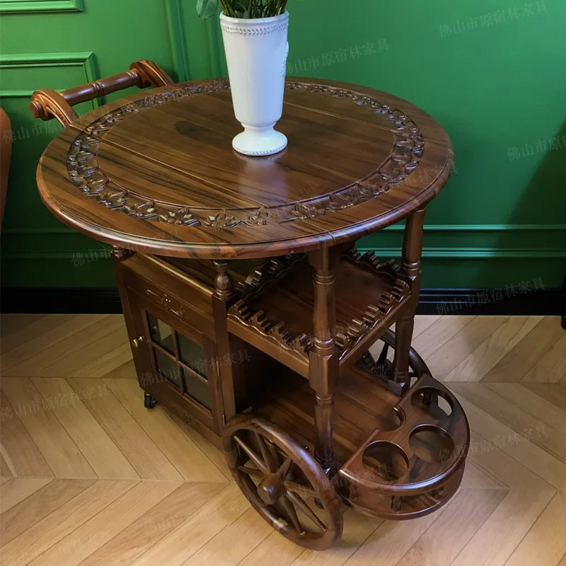 

Solid wood medieval dining car American retro wooden cart Household double-layer storage teak cart