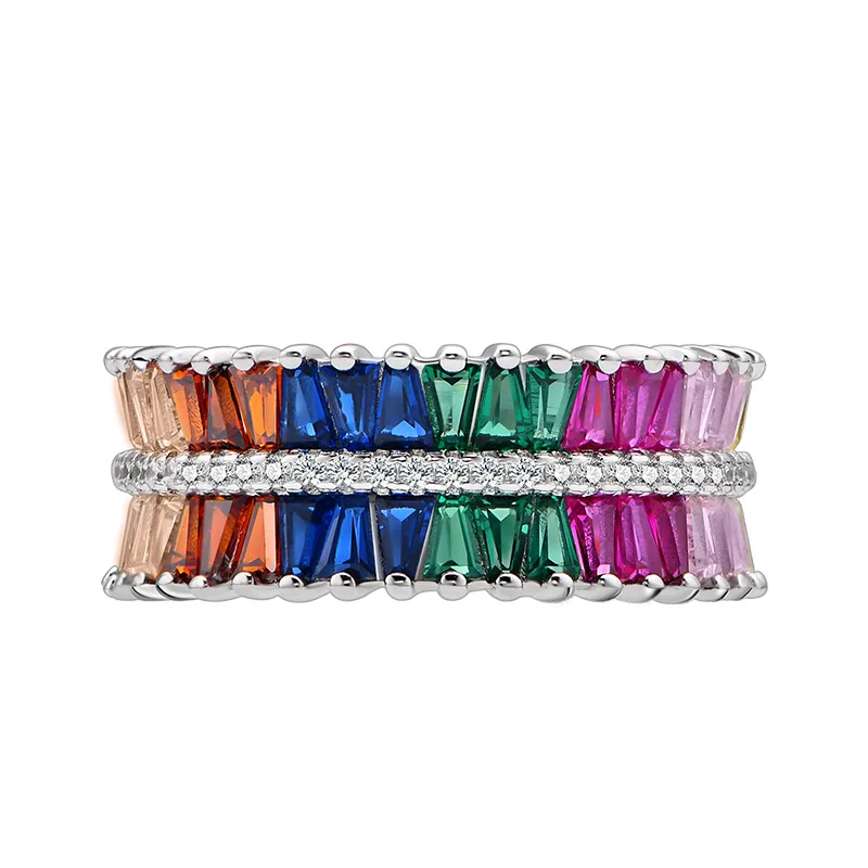 Fashionable Light Luxury Colorful Block Color High Carbon Diamond Ring for Women 925 Silver Crowd Design Jewelry