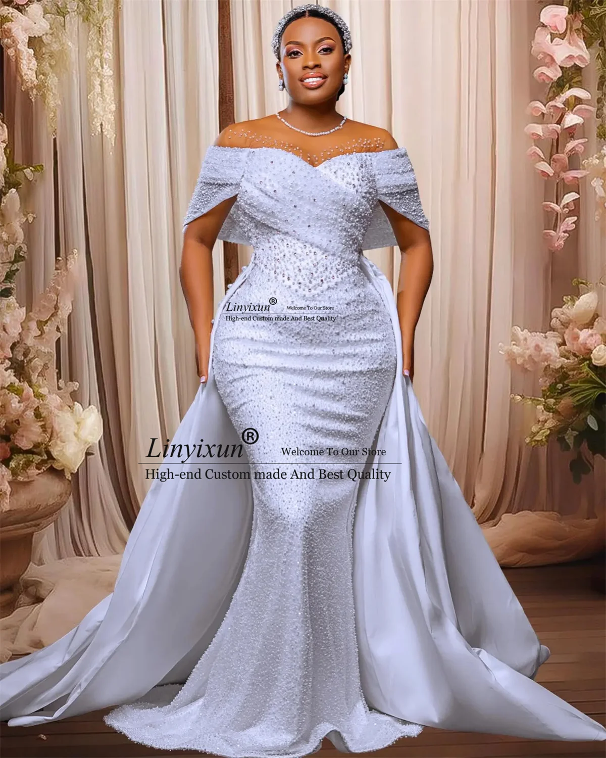 Shiny Sequins Beaded Wedding Dress African Off Shoulder Bridal Gowns Customized Remove Train Lace Back Bride vestidos de novia
