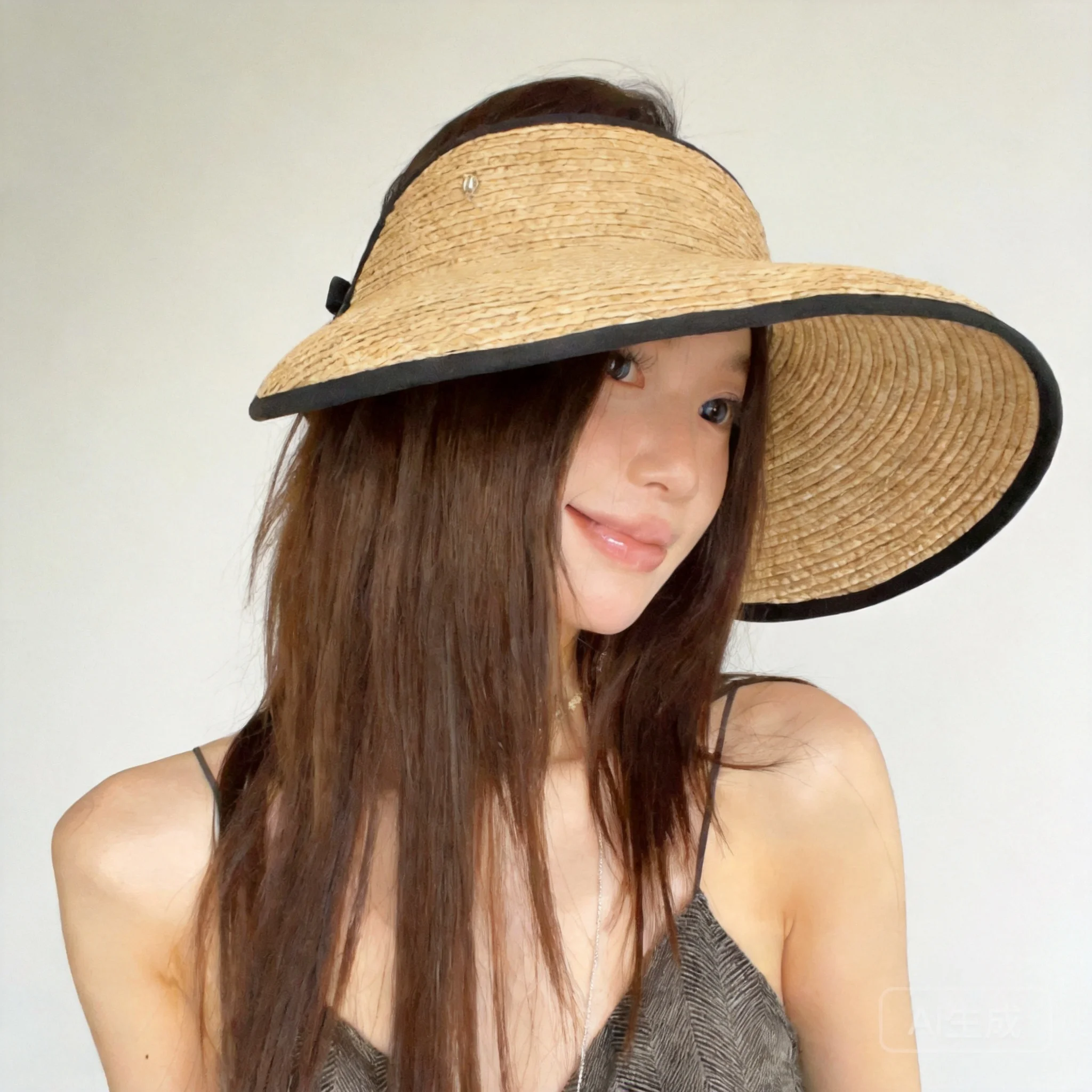 Women Wide Brim Raffia Straw Empty Top Sun Hat Adjustable Uv Protection Summer Beach Vacation Visor Cap For Ladies Outdoor Trave