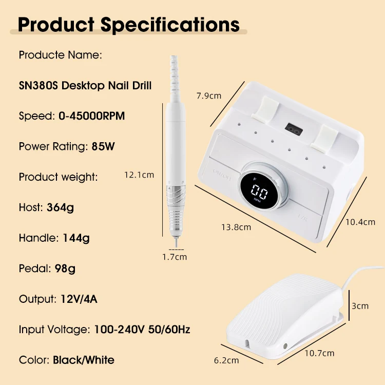 New 45000 RPM Professional Nail Drill with Smart Auto-Pause Sensor&Foot Pedal Operated Electric Nail File for Nail Salon