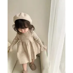 Childrens Knitted Skirt 2024 Girls New Knitted Long Sleeve Dress Korean Version Baby Bottom Skirt Baby Girl Clothes