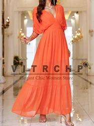 VITRCHP Orange Evening Wedding Party Dresses V-Neck Sexy Tulle Long Dress For Dancing Parties Prom Gown Summer Beach Vestidos