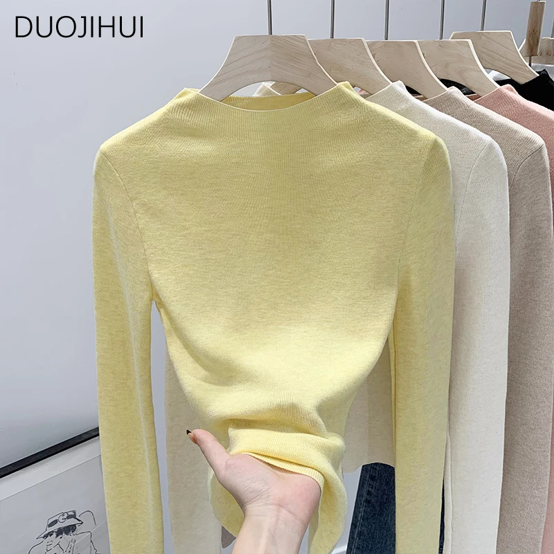 DUOJIHUI-Pull à manches longues et col rond pour femme, classique, jaune, solide, document, mode simple, décontracté, bureau, automne