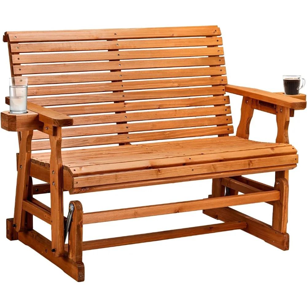 

Outdoor Glider Wood Patio Chair with Cup Holders, Outdoor Bench Glider Loveseat with Smooth Rocking Mechanism