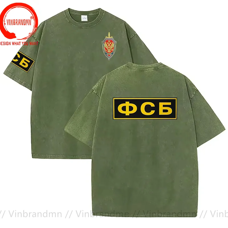 FSB Russian Federation Security T Shirt Men Vintage Washed Cotton Custom Print T-shirt Fashion Summer Loose Streetwear Clothing