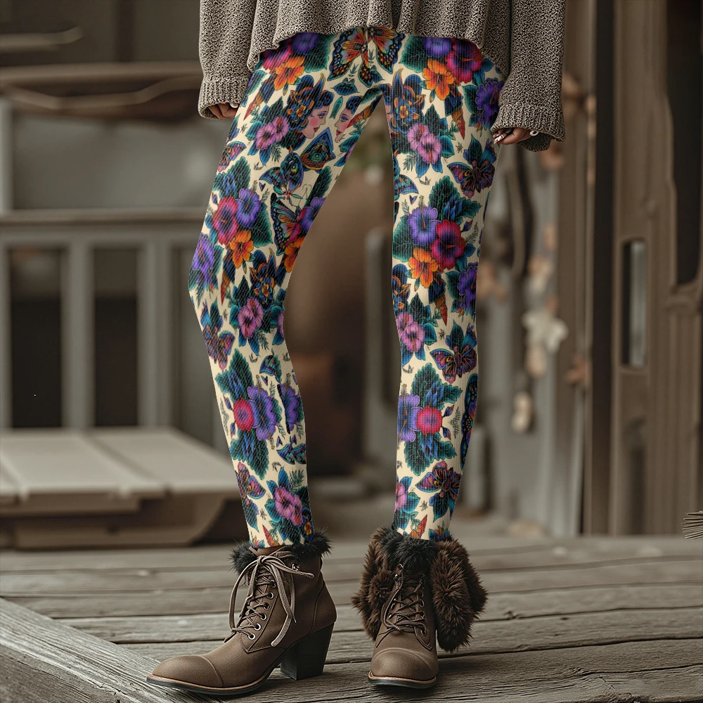 فراشة طباعة طماق النساء الشتاء سميكة الحرارية البوهيمي Harajuku الشارع موضة مثير السراويل الضيقة الملونة التصميم الفني #5