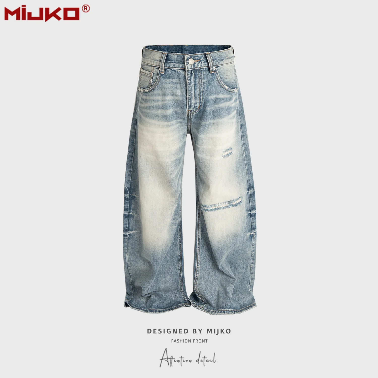 G6867# Unisex Washed Blue Denim Pants Hole Wide Leg Jeans Silhouette Comfortable Fit Blue Jeans