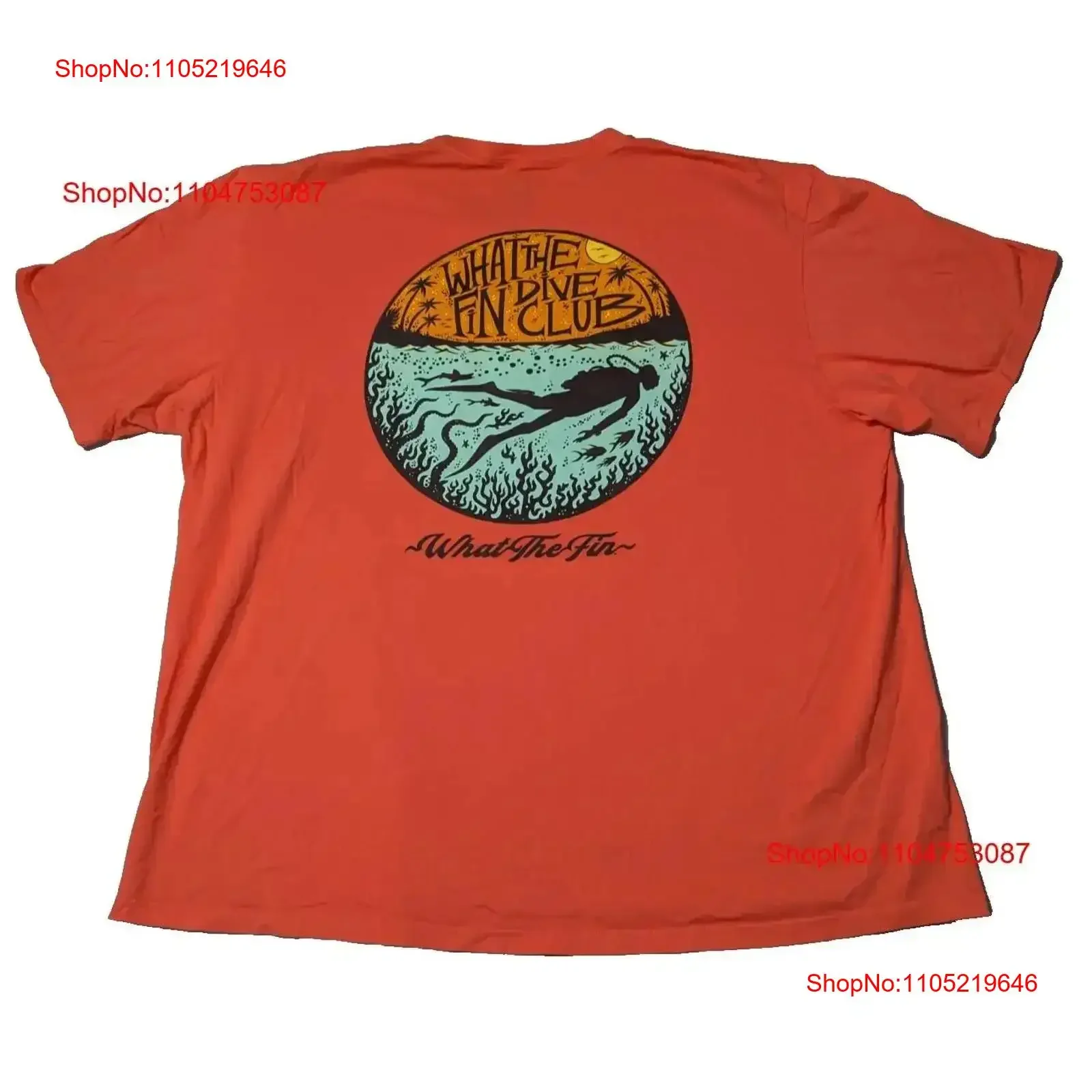 WTF WHAT THE FIN DIVE CLUB Men 3XL Orange Double Sided T Shirt Made In USA vintage Washed designer clothes vintage Washed