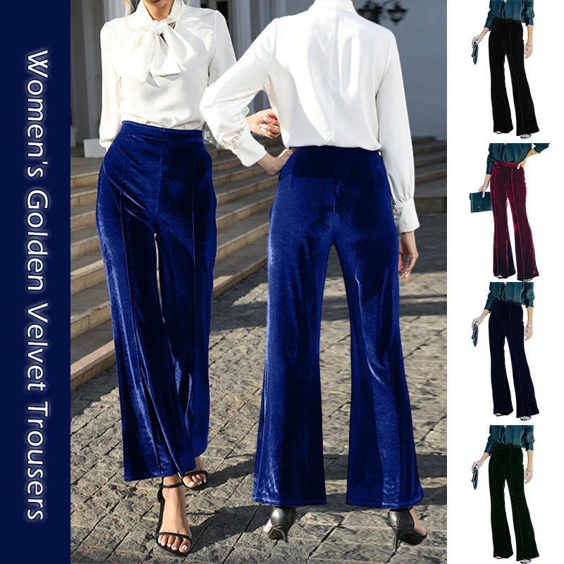 Women Wide Leg Velour Flare Pants Bell Bottoms Autumn High Waist Velvet Flare Pants Velvet Pleuche Trouser Lady Party Club Pants